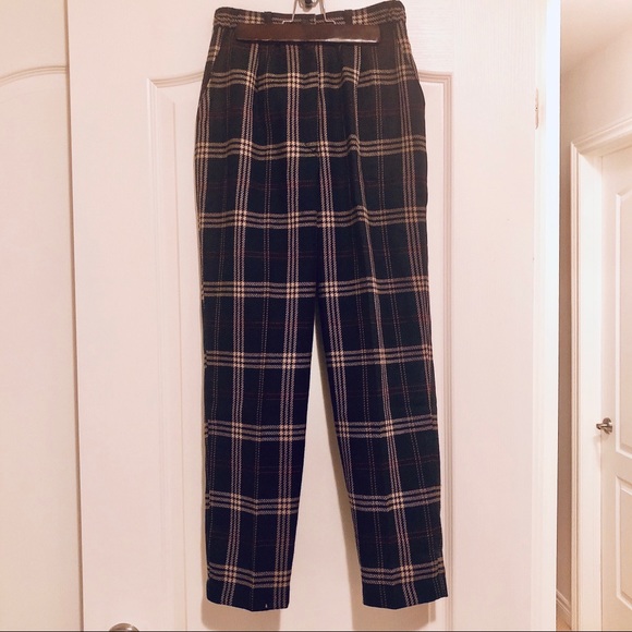 Vintage Pants - Japanese vintage 100% wool black navy plaids pants